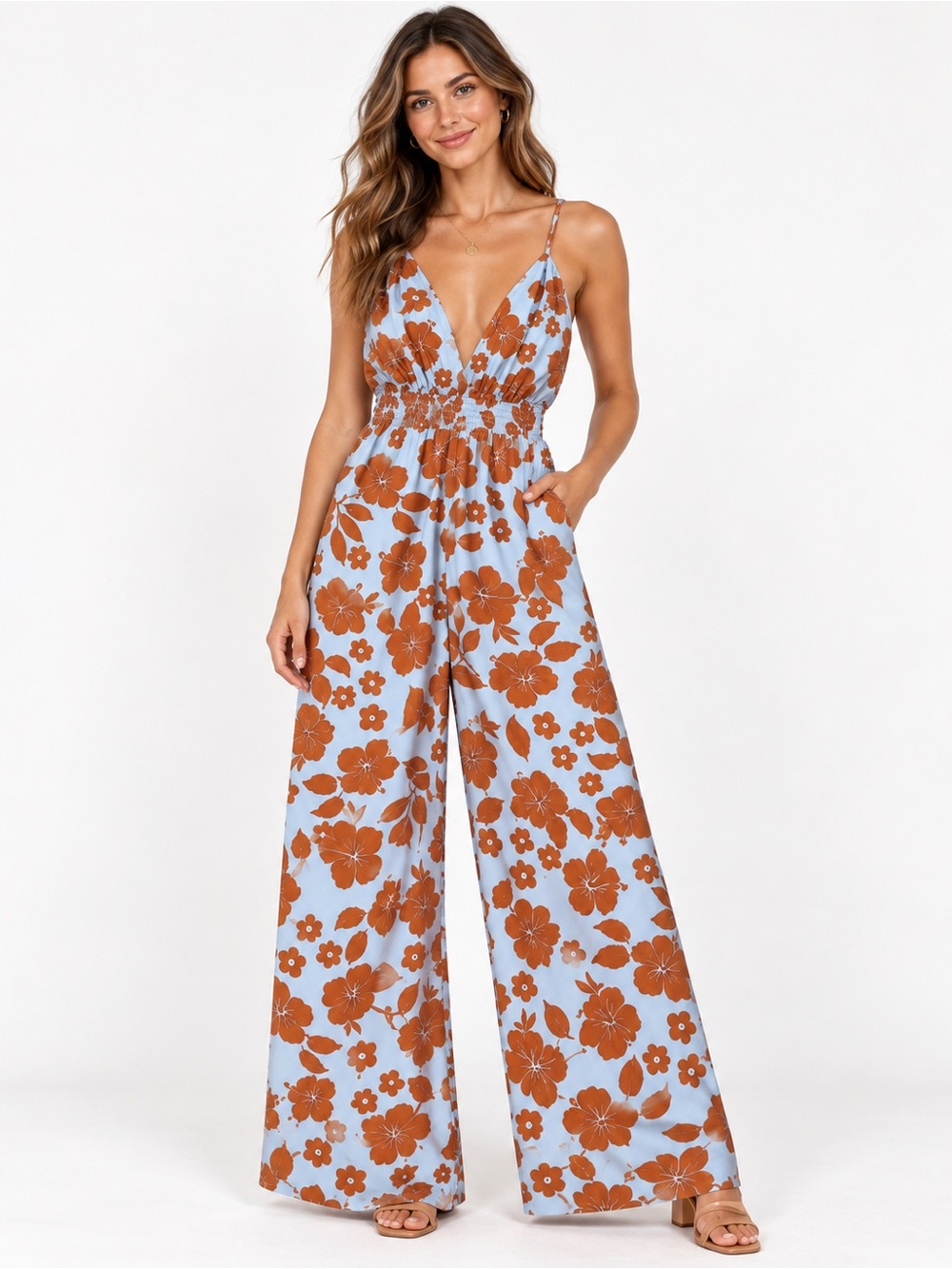 Blue Velvet Women’s Small Floral Wide Leg Jumpsuit Blue Rust Tropical Cutout